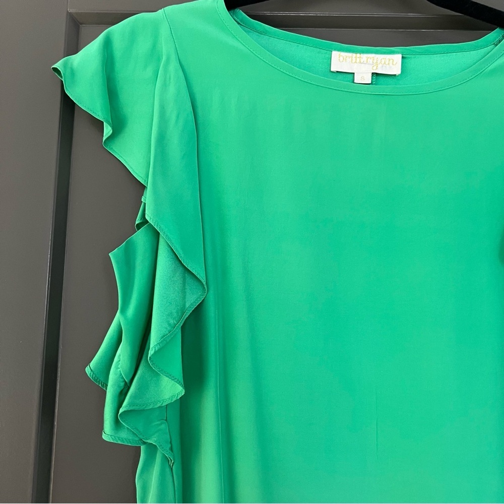 Britt Ryan Emerald Green Silk Blouse with Ruffle Sleeves | S - Picture 2 of 9